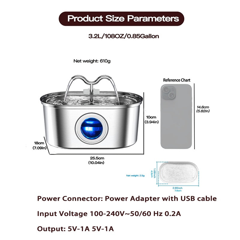 Stainless Steel Cat Water Fountain – 3.2 L & Dual Spout