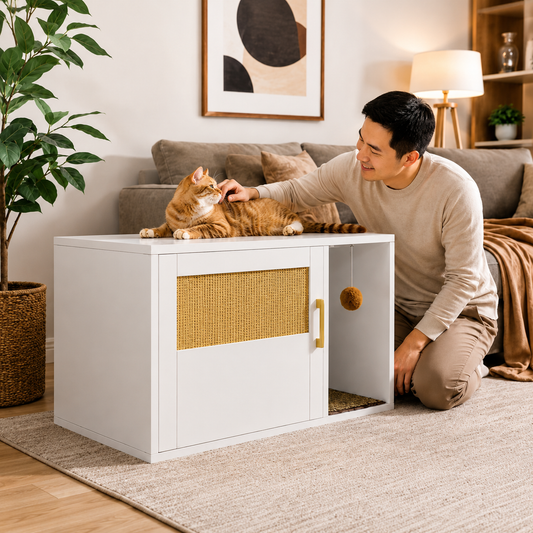 Cat Litter Box Cabinet Multifunctional White Modern Cat House Washroom End Table for Bedroom Living Room