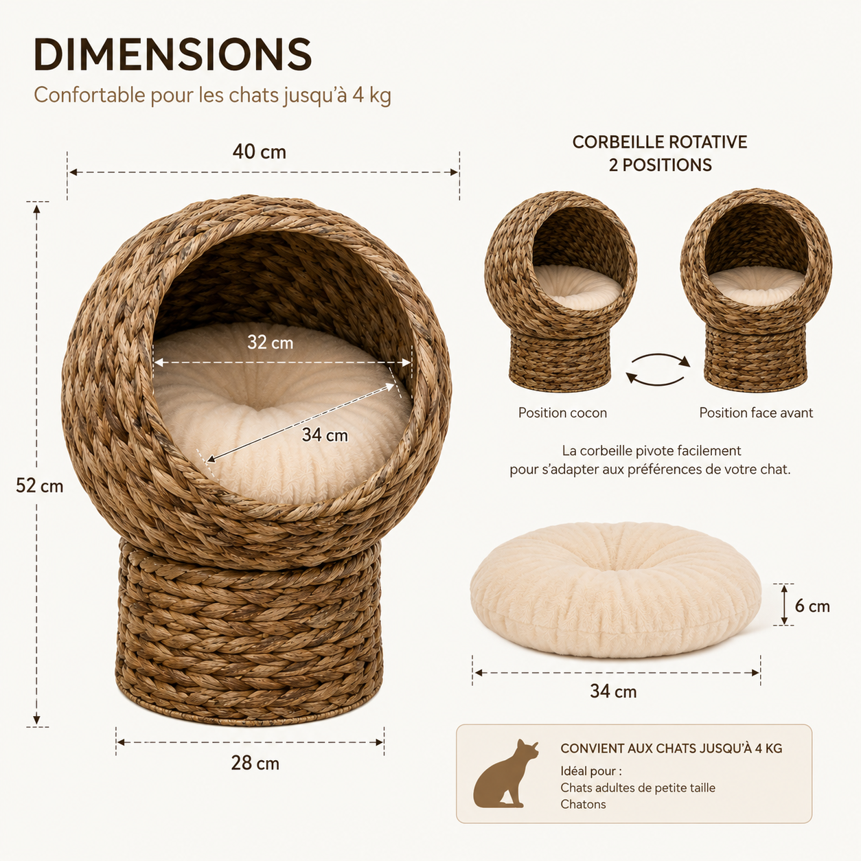 Elevated Rotating Wicker Cat House with Soft Cushion