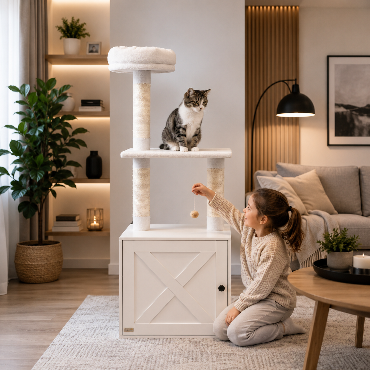 White Cat Tree with Litter Box Enclosure – One Piece of Furniture, Two Problems Solved