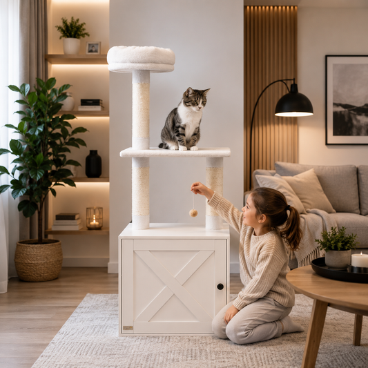 Modern Cat Tree with Hidden Litter Box Cabinet – Space Saving Cat Furniture with Scratching Posts & Cozy Bed