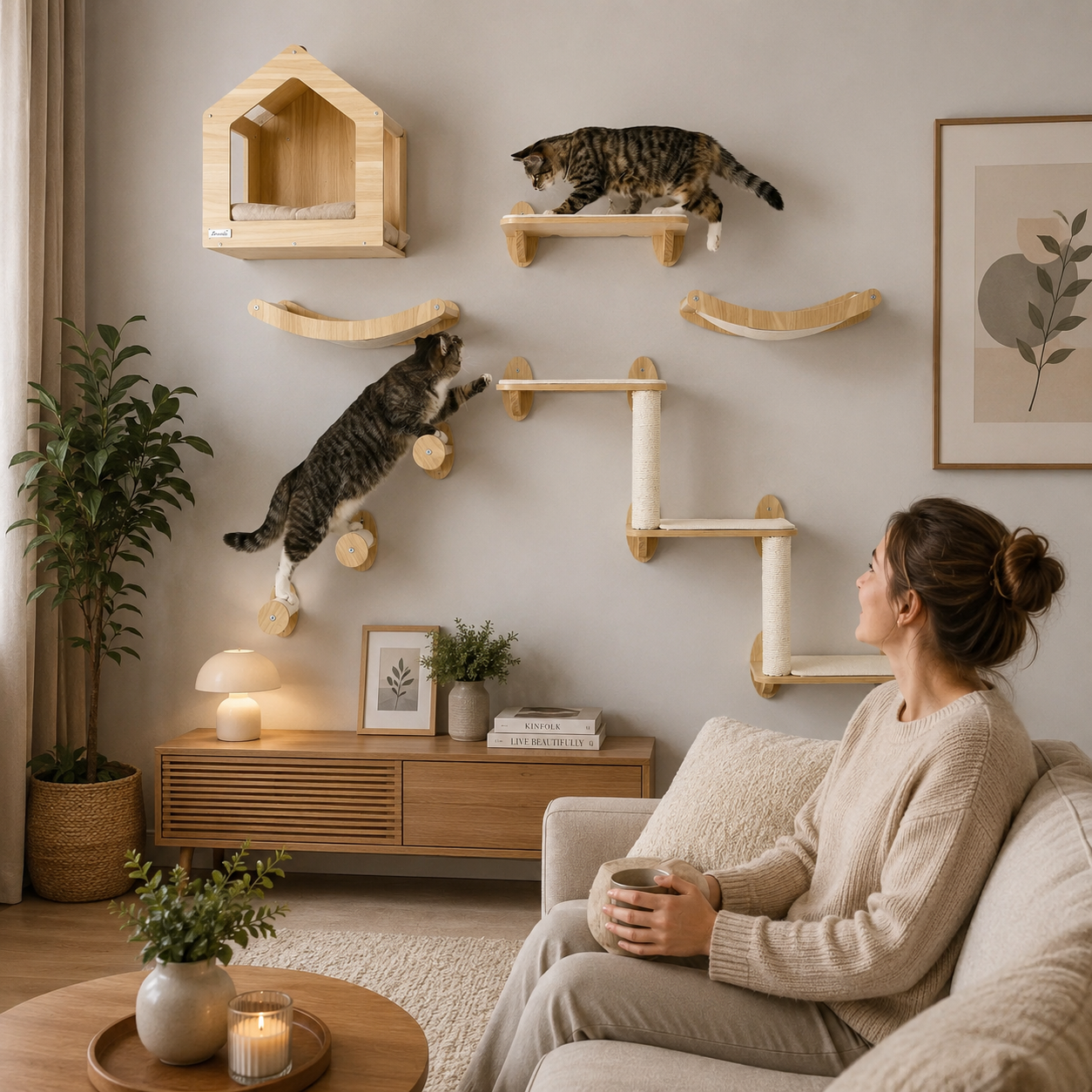 10-Piece Cat Wall Furniture Set with Condo, Shelves & Sisal Scratcher