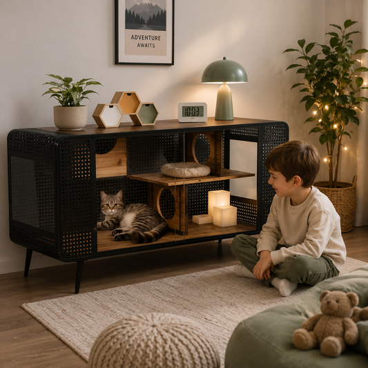 Luxury Tempered Glass Cat House Furniture – Modern Cat Condo with Sliding Glass Doors & Spacious Interior