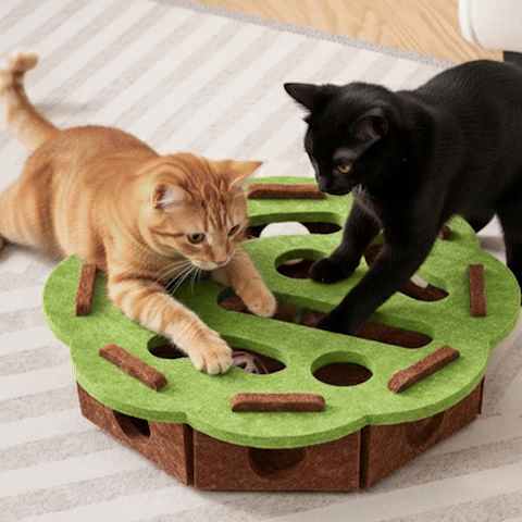 Puzzle chat interactif et jouet daim naturel disposés dans un salon moderne pour stimulation féline"