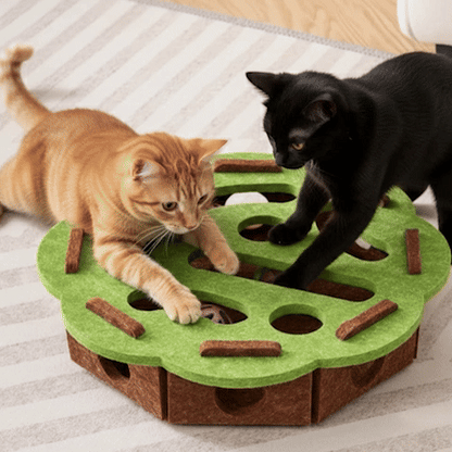 Puzzle chat interactif et jouet daim naturel disposés dans un salon moderne pour stimulation féline"