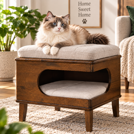 2-in-1 Wooden Cat House Ottoman with Cushion – Walnut Cat Cave & Footrest