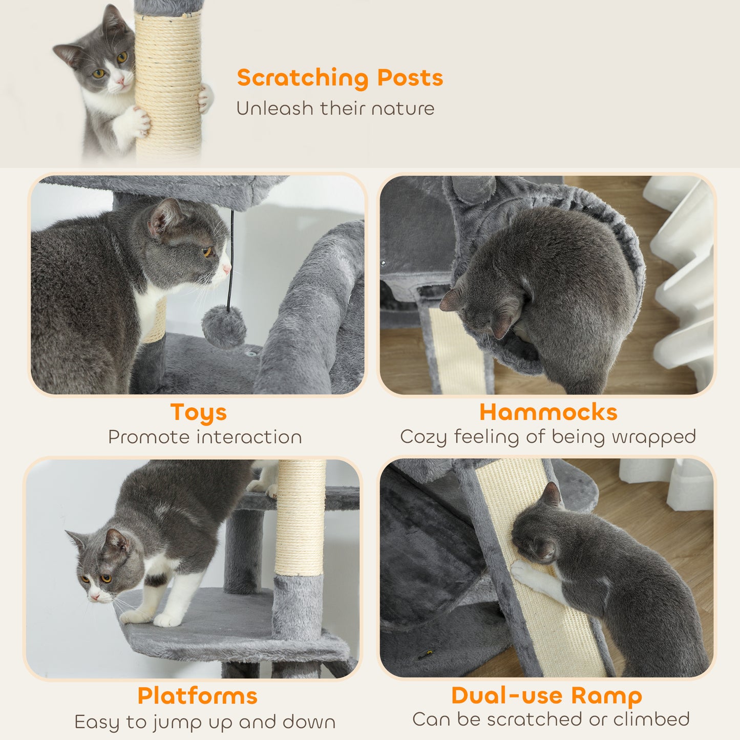 Multi-level Cat Tree 175cm – 2 Condos, 3 Hammocks, 8 Scratching Posts | Dark Grey