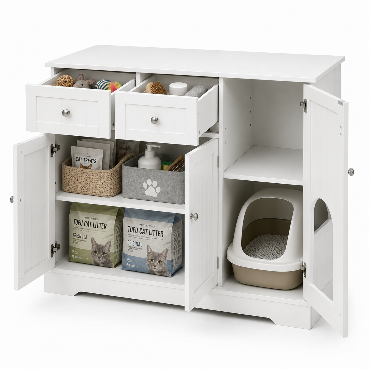 Hidden Cat Litter Box Furniture with Storage Drawers