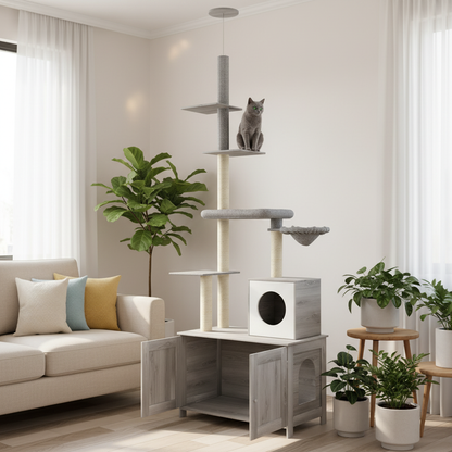 Arbre à chat 2-en-1 avec bac à litière dans salon moderne