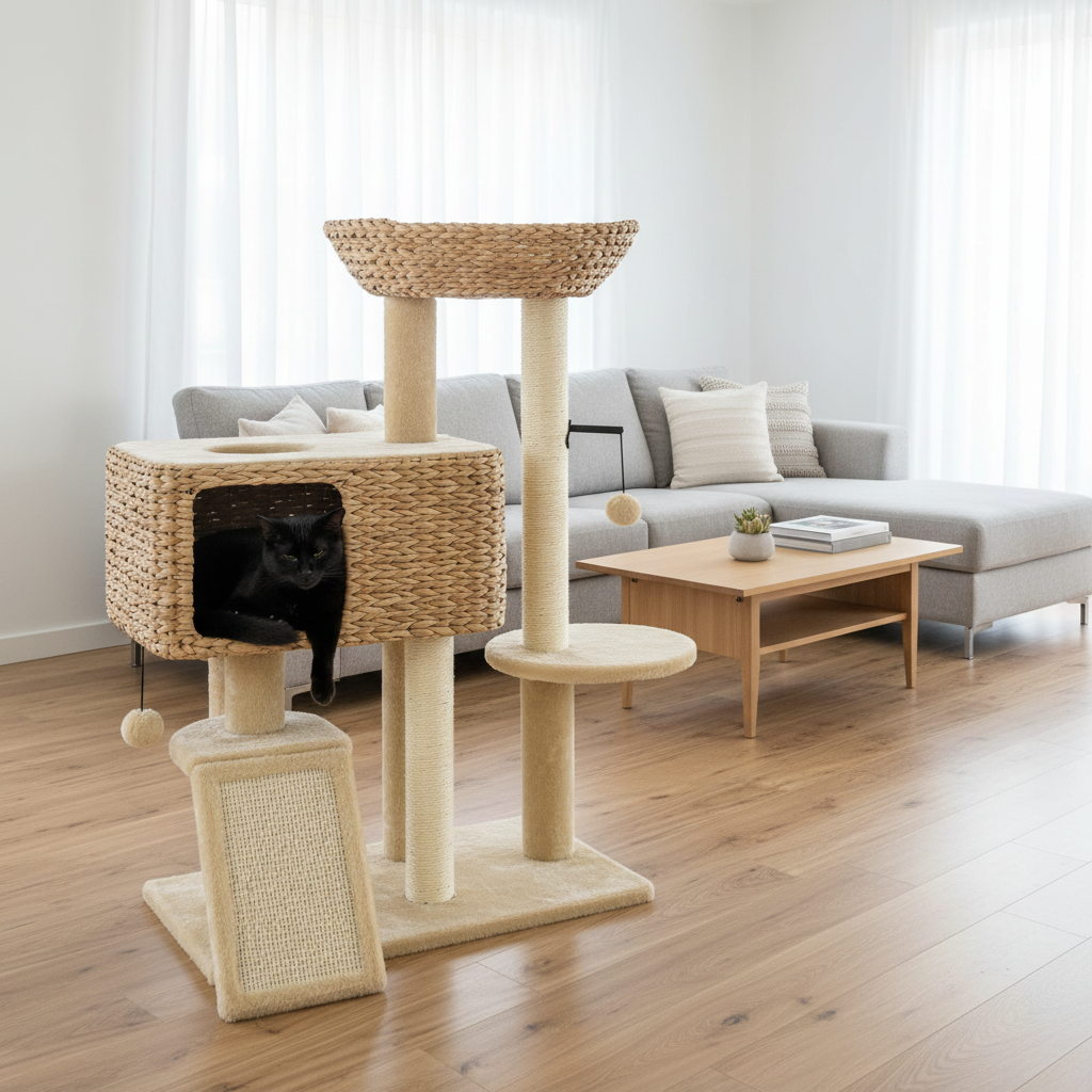 Arbre à chat avec chat noir dans salon moderne