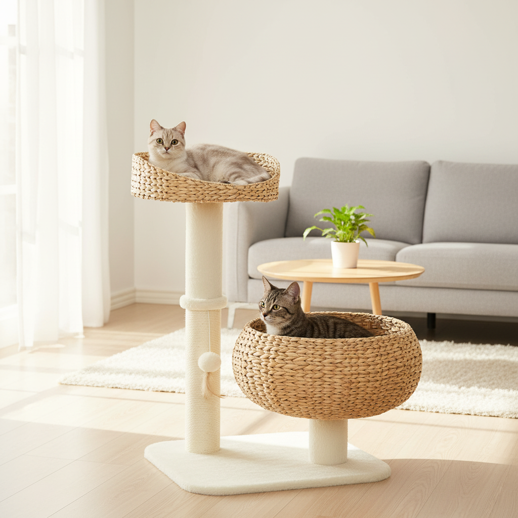 Arbre à chat beige avec deux chats salon moderne