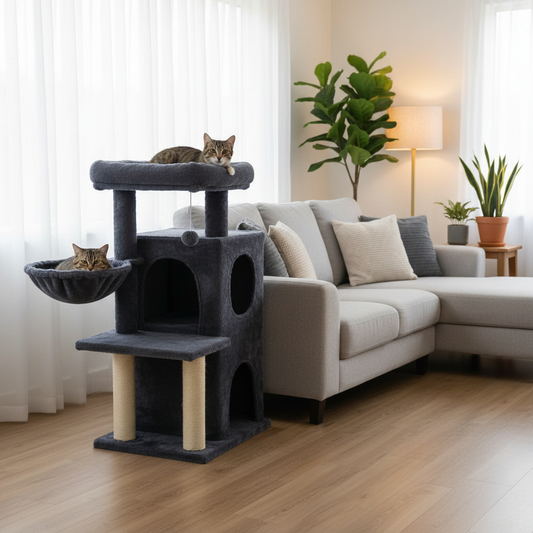 Arbre à chat gris foncé dans salon moderne