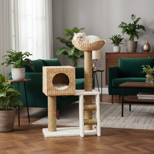 Arbre à chat rotin salon chaleureux carré