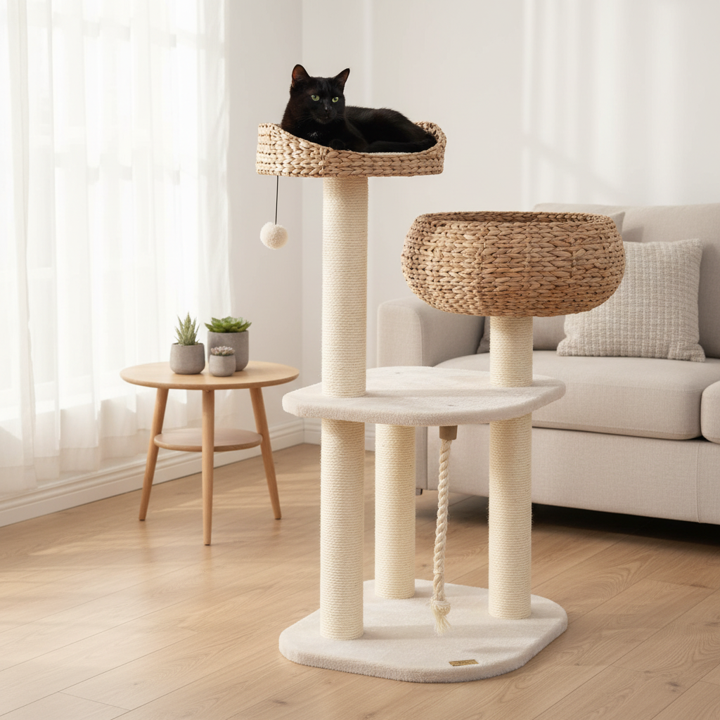 Arbre à chat salon moderne avec chat noir