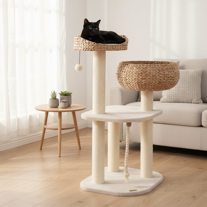 Arbre à chat salon moderne avec chat noir