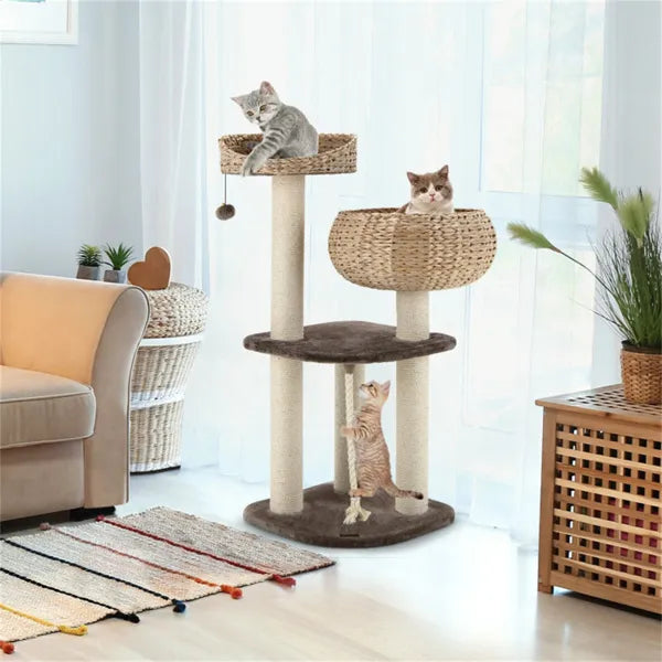 Woven Water Hyacinth Cat Tree – 104 cm | 3 Sisal Scratching Posts