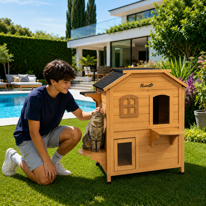 Maison Extérieure pour Chat 2 Étages™ – Bois Imperméable avec Toit Ouvrant