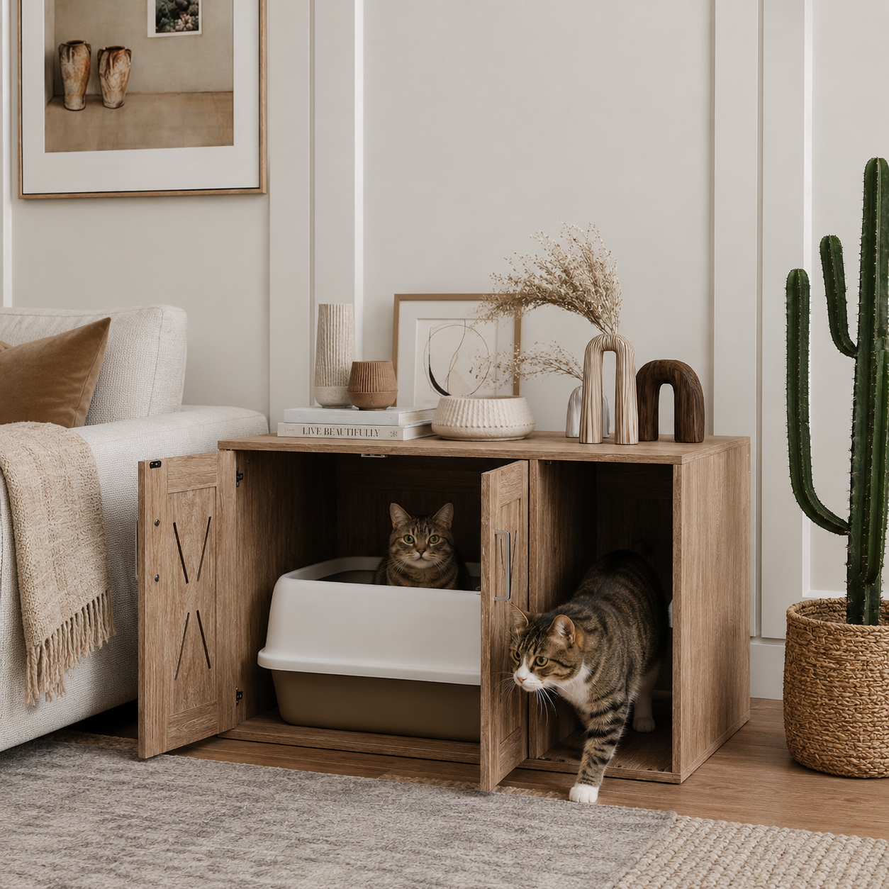 Litter Box Enclosure with Scratcher – Farmhouse Style Nightstand | Brown Walnut