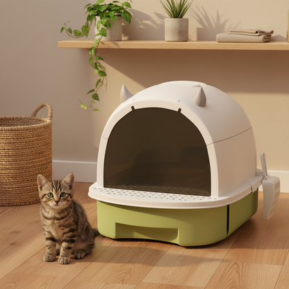 Bac litière dôme vert oreilles chat salle de bain chaleureuse