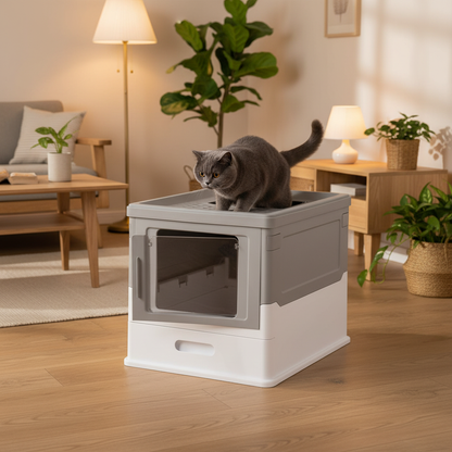 Bac litière gris blanc décor chaleureux chat sortie haut