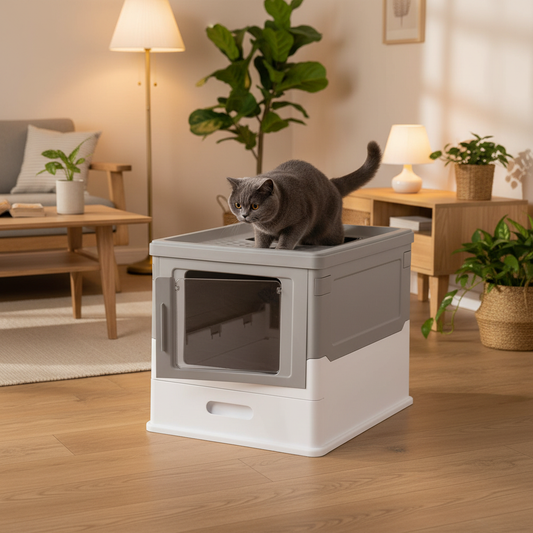 Bac litière gris blanc décor chaleureux chat sortie haut