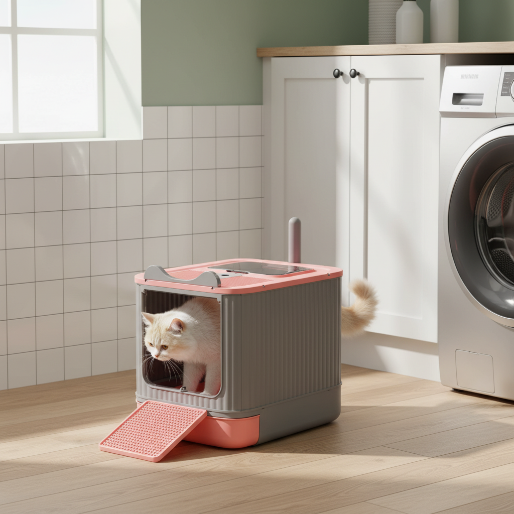 Bac à litière rose fermé avec chat buanderie moderne