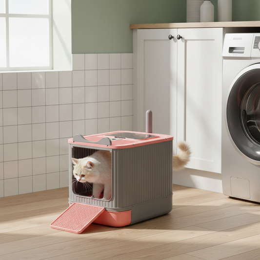 Bac à litière rose fermé avec chat buanderie moderne