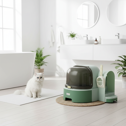 Bac à litière vert dans salle de bain moderne