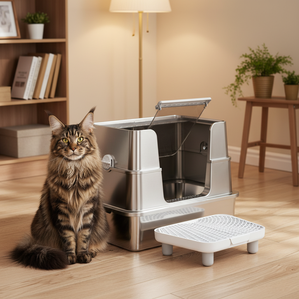 Bac litière XL inox décor chaleureux Maine Coon