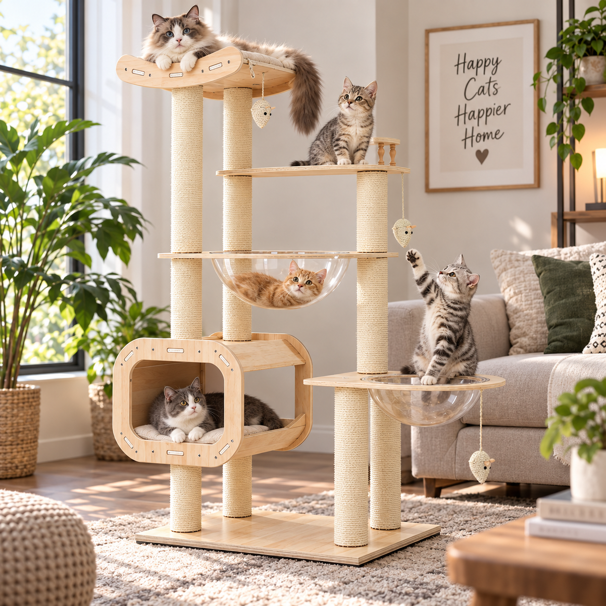Modern Wooden Cat Tree for Indoor Cats – Multi-Level Tower with Clear Bowl Hammocks