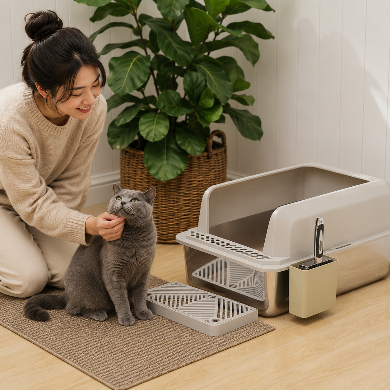Stainless Steel Litter Box Grey – High Sides Leak-Proof & Scoop Included