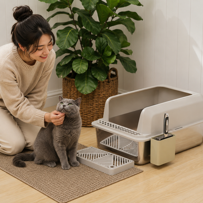 Stainless Steel Litter Box Grey – High Sides Leak-Proof & Scoop Included