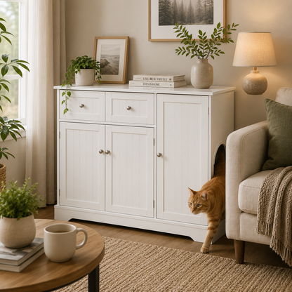 Hidden Cat Litter Box Furniture with Storage Drawers