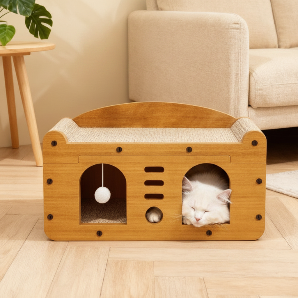 Chat blanc dans griffoir double porte sans texte