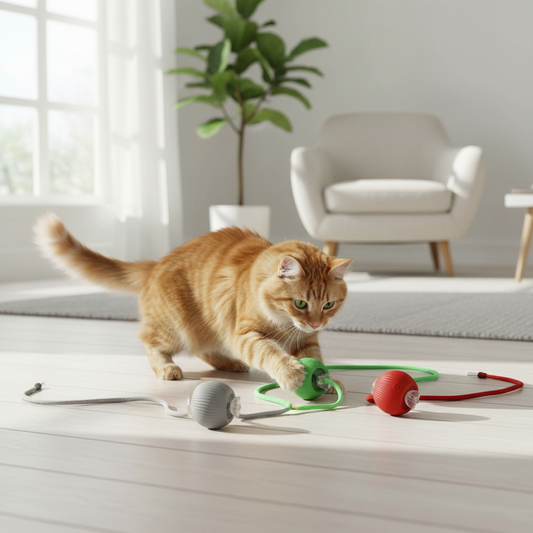 Chat jouant avec balles interactives dans salon moderne