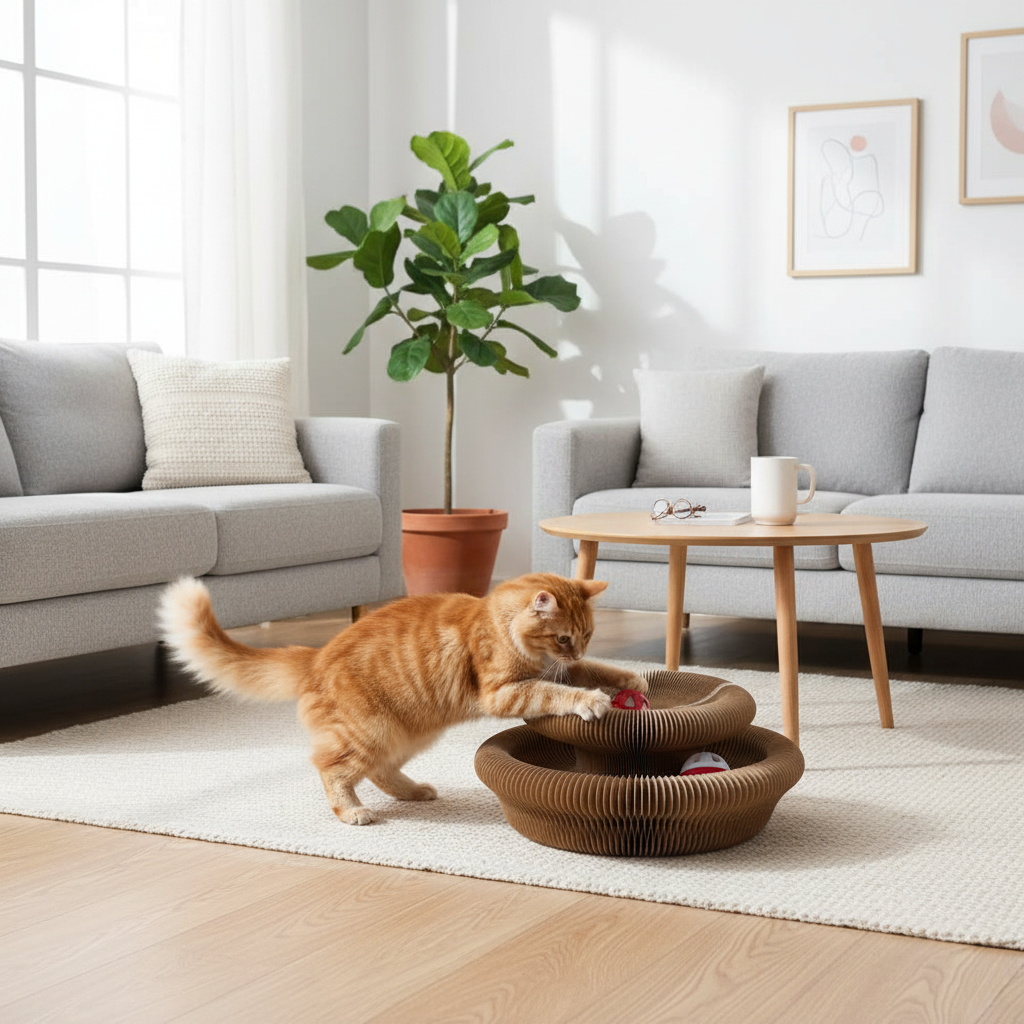 Chat jouant avec griffoir accordéon dans salon moderne