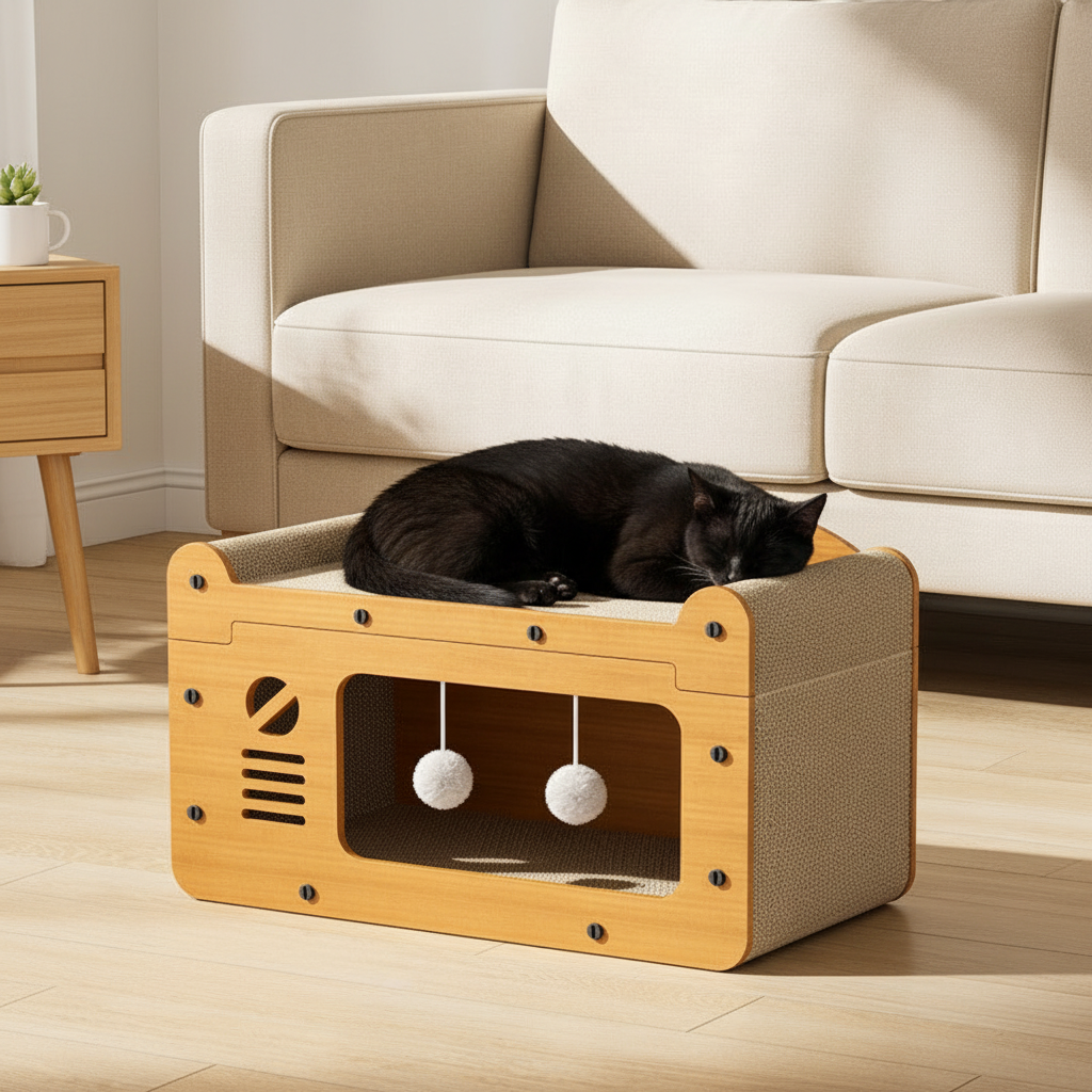 Chat noir sur griffoir canapé décor moderne