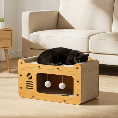 Chat noir sur griffoir canapé décor moderne