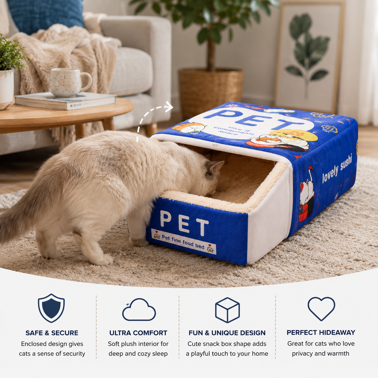 Lit Chat Snack Box Blue – Original Enclosed Cat Bed, A Cozy Retreat for Them & a Delight for You