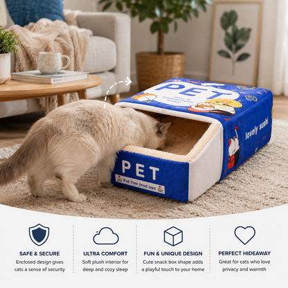 Lit Chat Snack Box Blue – Original Enclosed Cat Bed, A Cozy Retreat for Them & a Delight for You