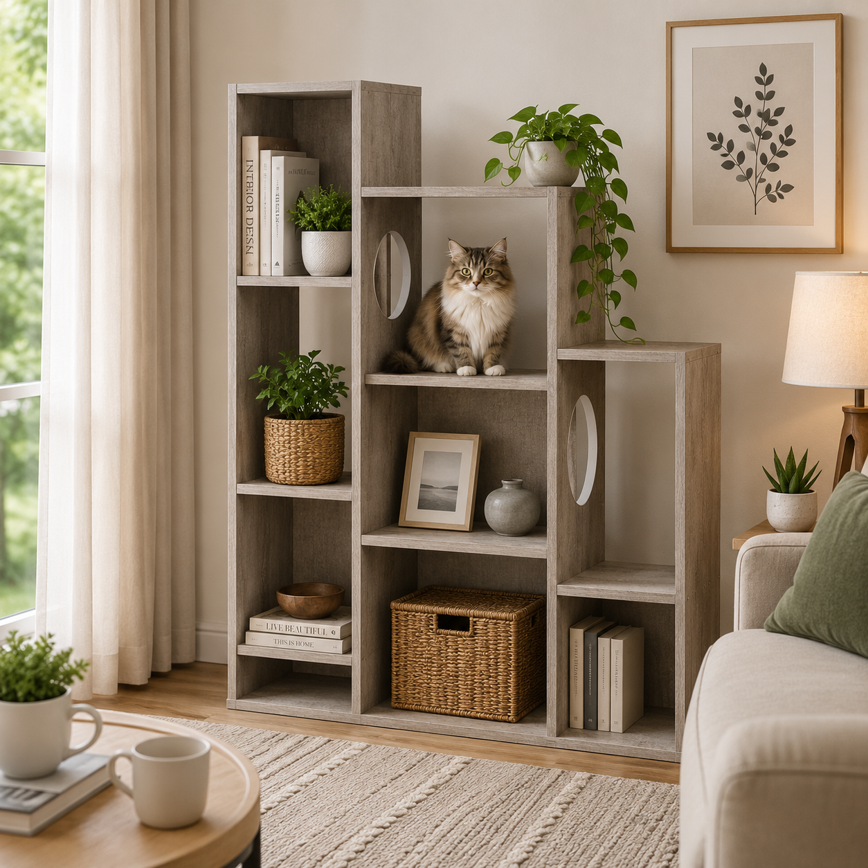 Gray Oak Cat Tree Bookshelf – A Piece of Furniture for You, a Playground for Him