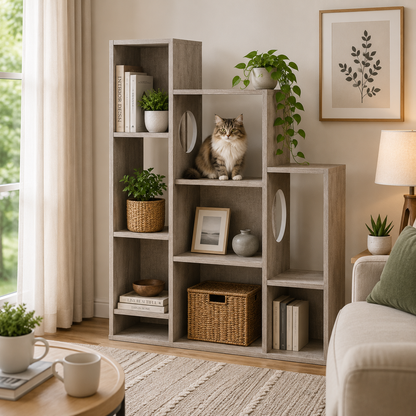 Gray Oak Cat Tree Bookshelf – A Piece of Furniture for You, a Playground for Him