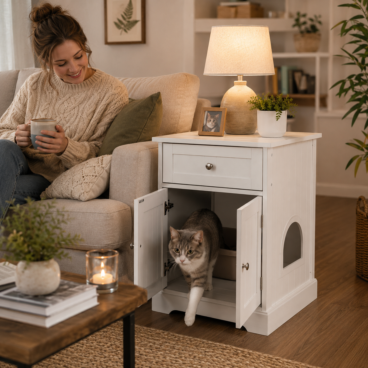 White Litter Box Enclosure with Drawer – Stylish Side Table, Invisible Litter Box