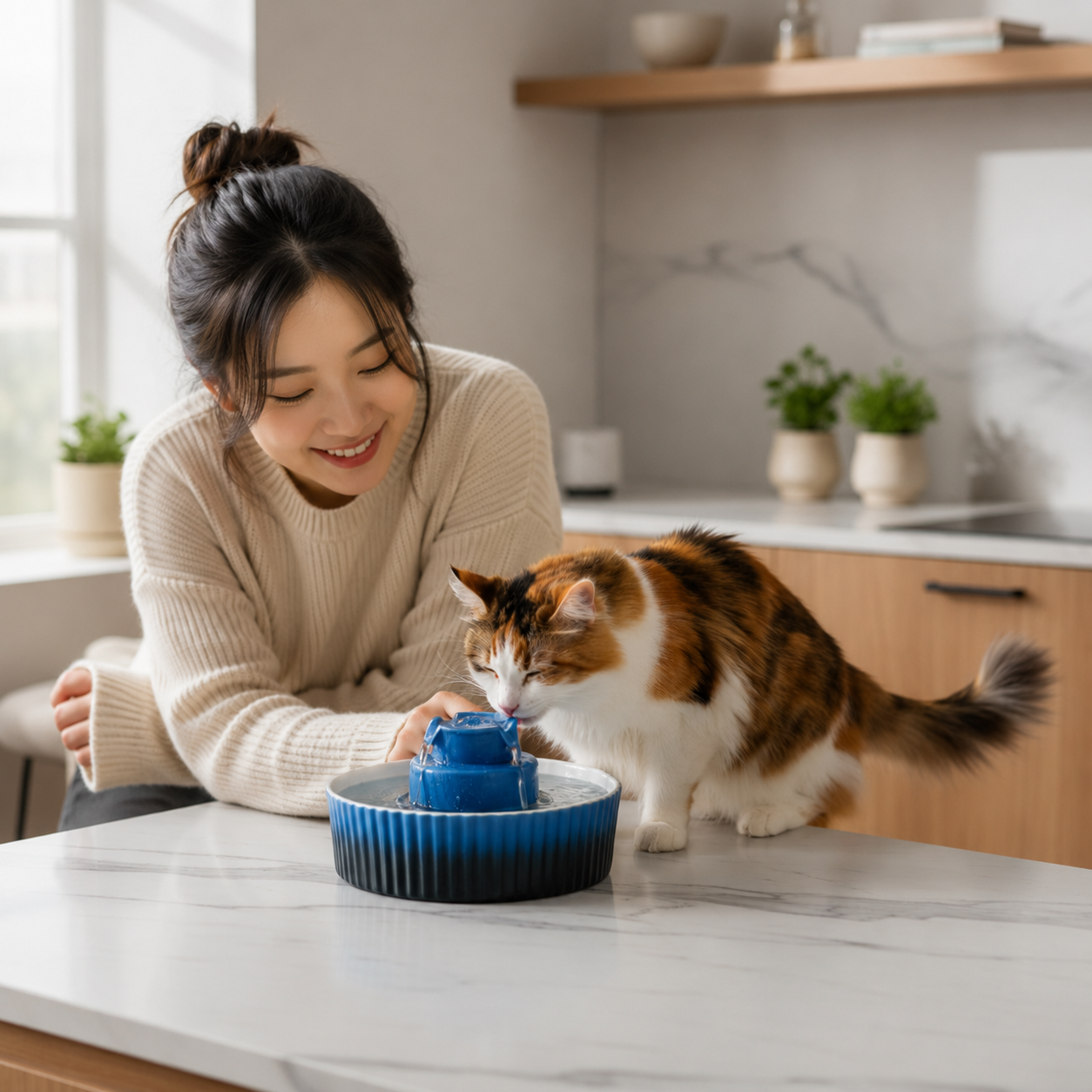 Ceramic Cat Fountain 2.1L – Dual-Layer Filtration & Elegant Blue Design