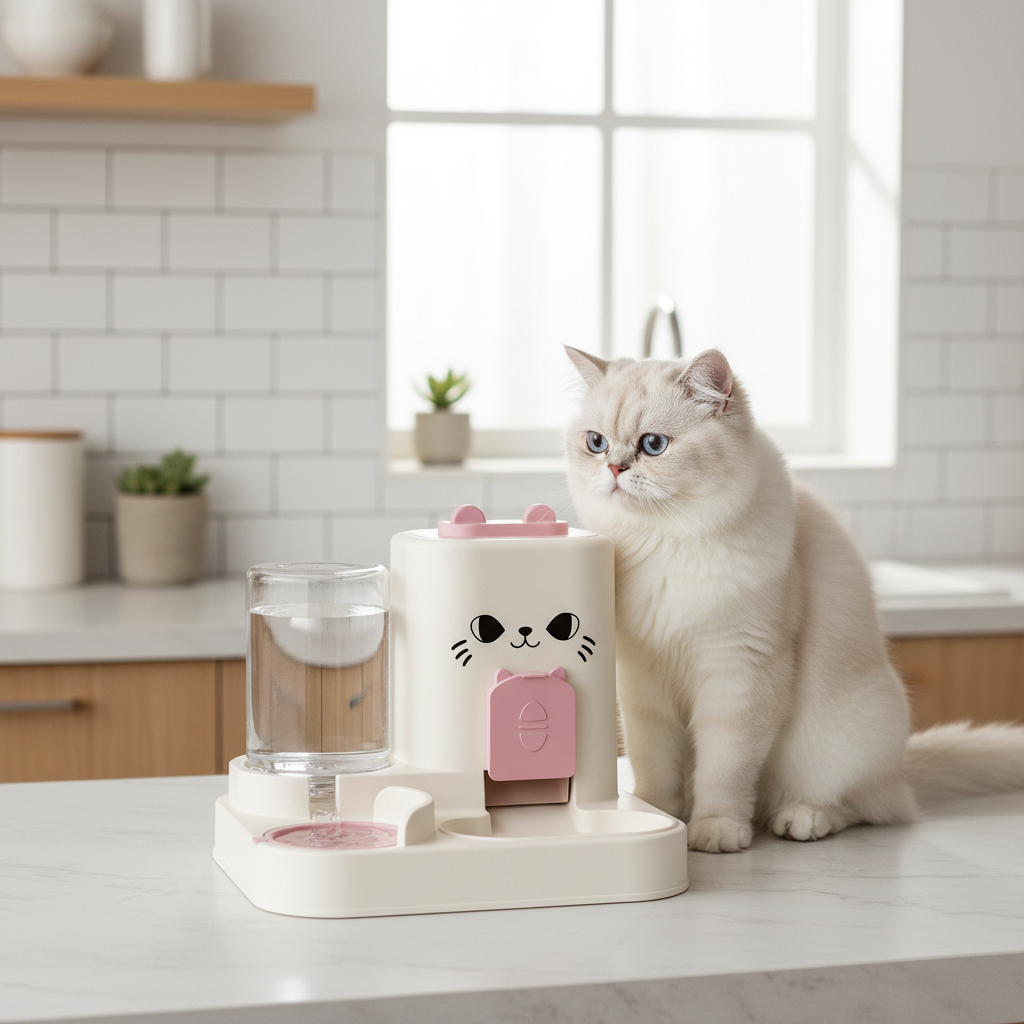 Distributeur forme chat rose avec chat cuisine moderne