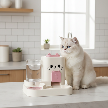 Distributeur forme chat rose avec chat cuisine moderne