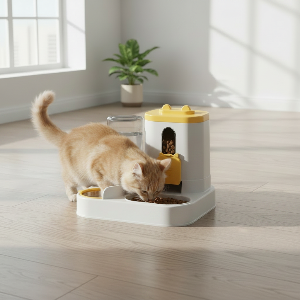 Distributeur jaune avec chat qui mange
