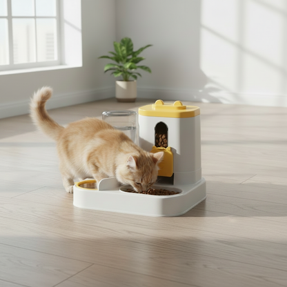 Distributeur jaune avec chat qui mange