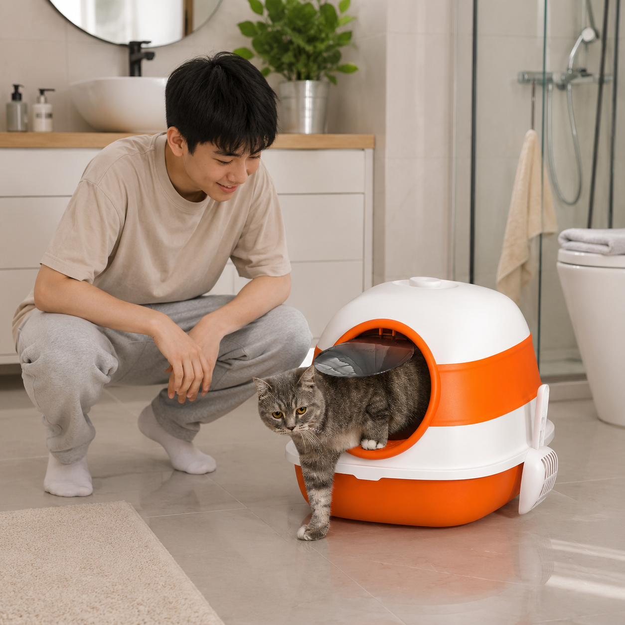 Bac à litière pour chat dôme couvert avec tapis et pelle à litière