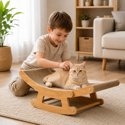 2-in-1 Cat Rocking Scratcher Chair Wooden Cat Bed Lounge Corrugated Cardboard Scratching Pad For Indoor Cats